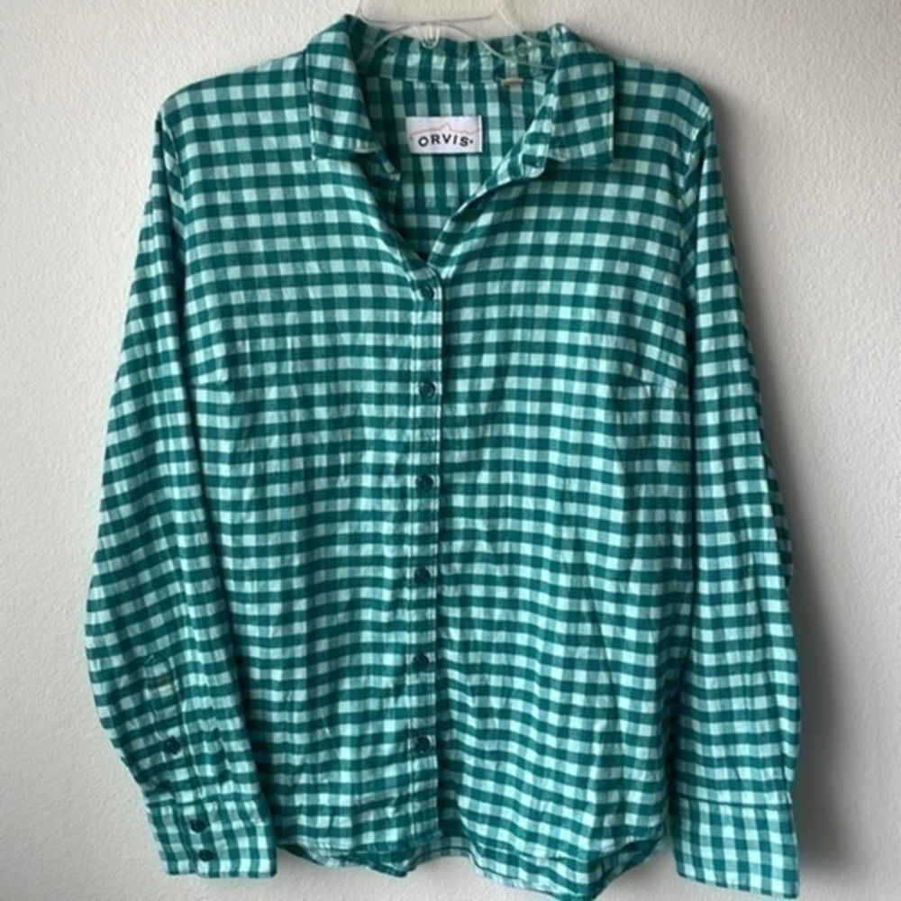 Orvis top button up plaid women’s size large aqua teal what to do